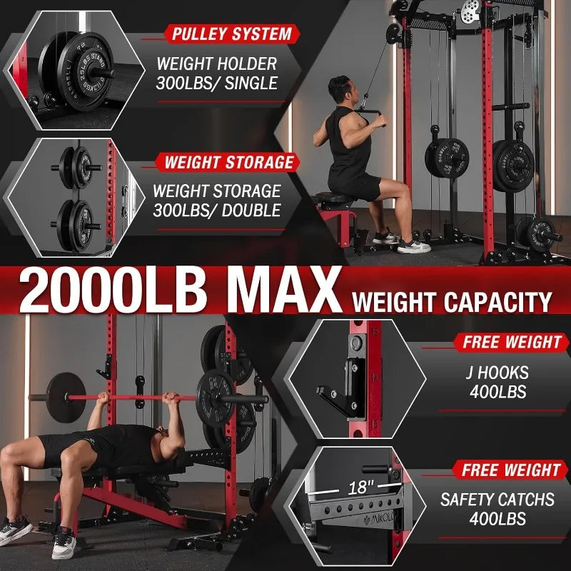 EnduroFlex Power Cage – Suporte de agachamento de 2000 lb com sistema de polia dupla e barra cruzada para treinamento de corpo inteiro