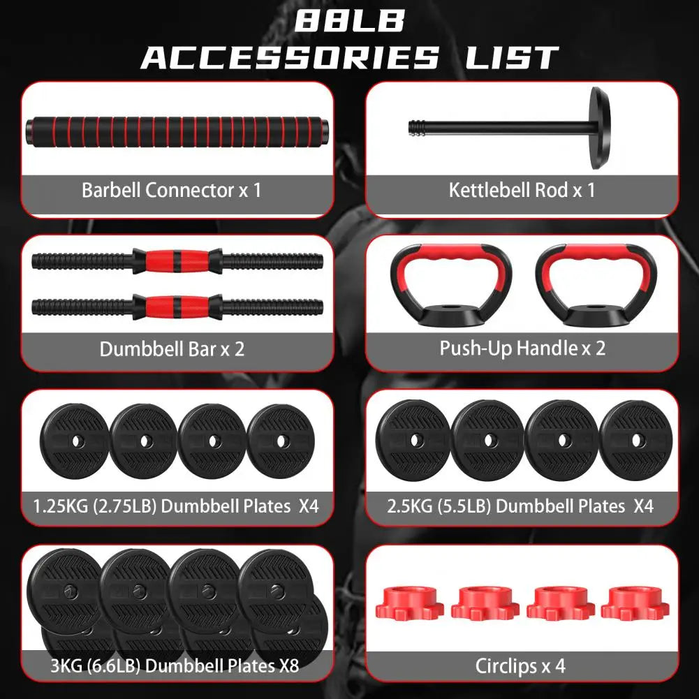 Juego de pesas ajustables EnduroFlex 4 en 1: mancuernas, barra, pesa rusa y kit para flexiones (40 kg en total)