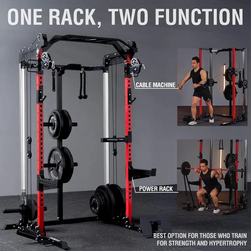EnduroFlex Power Cage – Suporte de agachamento de 2000 lb com sistema de polia dupla e barra cruzada para treinamento de corpo inteiro