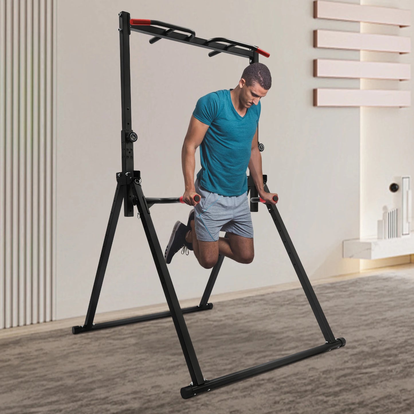 Estación de dominadas y fondos ajustable EnduroFlex: barra triangular multiángulo para entrenamiento de fuerza, calistenia y gimnasio en casa.