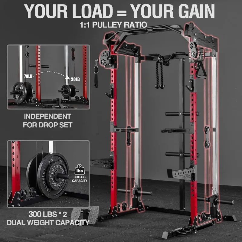 EnduroFlex Power Cage – Suporte de agachamento de 2000 lb com sistema de polia dupla e barra cruzada para treinamento de corpo inteiro