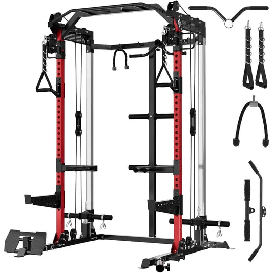 Jaula de potencia EnduroFlex: soporte para sentadillas de 900 kg con sistema de poleas dobles y barra cruzada para entrenamiento de cuerpo completo